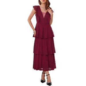 Lace Wedding Guest Cocktail Evening Ruffle Cap Sleeves Maxi Dress Burgundy